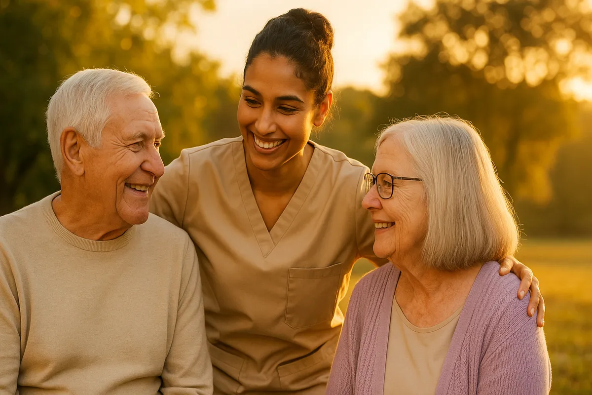 Residents socializing in a comfortable retirement community setting
