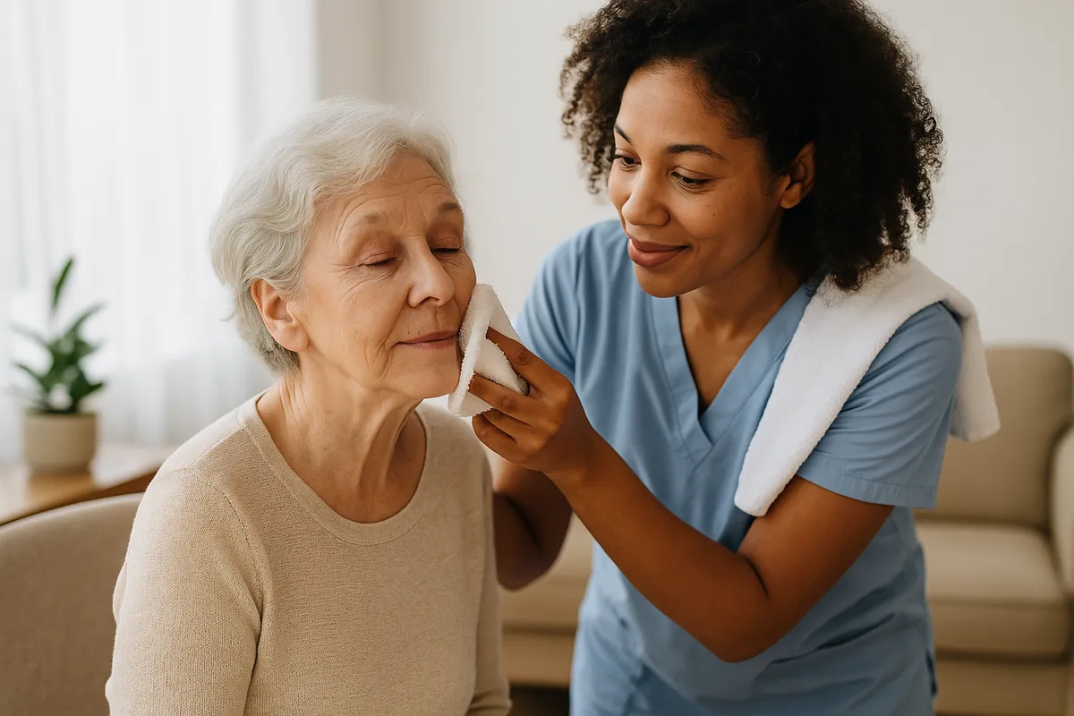 Caregiver providing in-home support during a friendly visit